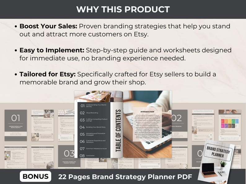 Reasons to choose the Etsy Shop Branding Guide and Branding Strategy Planner. Highlights include boosting sales, easy implementation, and tailored strategies specifically designed for Etsy sellers to create a memorable brand