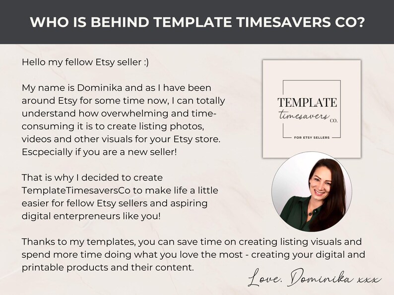 About TemplateTimesaversCo, a shop helping Etsy sellers save time creating listing visuals with professionally designed Canva templates.