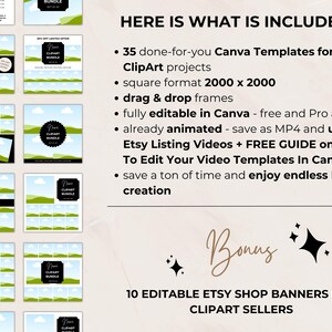 Overview of what’s included: 35 clipart Canva templates, animated Etsy listing videos, and 10 editable Etsy banners for clipart sellers.