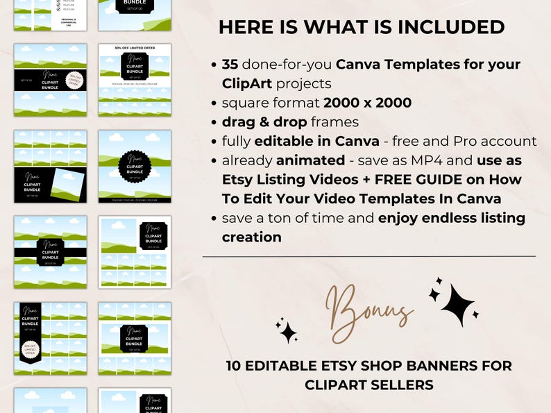 Overview of what’s included: 35 clipart Canva templates, animated Etsy listing videos, and 10 editable Etsy banners for clipart sellers.