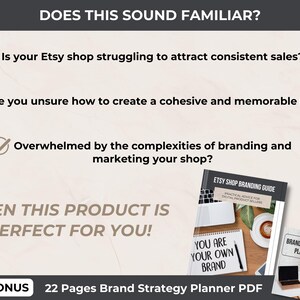 Common pain points for Etsy sellers addressed by the Etsy Shop Branding Guide. Solutions for struggling with sales, creating a cohesive brand, and managing branding complexities. Includes a bonus 22-page Brand Strategy Planner.