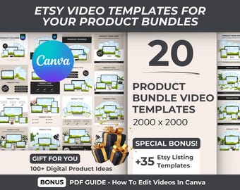 May include: A digital product bundle for Etsy sellers featuring 20 video templates for product bundles, a bonus PDF guide on how to edit videos in Canva, and 35 Etsy listing templates. The templates are designed for use with Canva and are 2000 x 2000 pixels in size.