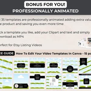 Bonus professionally animated Canva templates for Etsy listing videos, including a free guide on editing video templates in Canva.