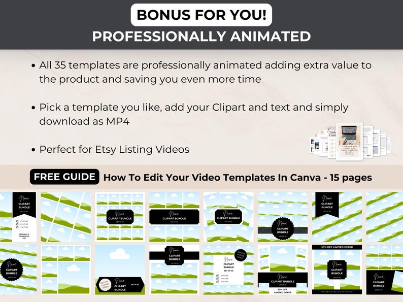 Bonus professionally animated Canva templates for Etsy listing videos, including a free guide on editing video templates in Canva.
