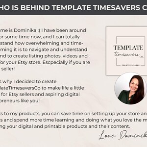 Introduction to Dominika, creator of TemplateTimesaversCo, sharing her Etsy experience. Her mission is to help Etsy sellers with branding and marketing through practical, time-saving products, especially for new sellers and digital creators.