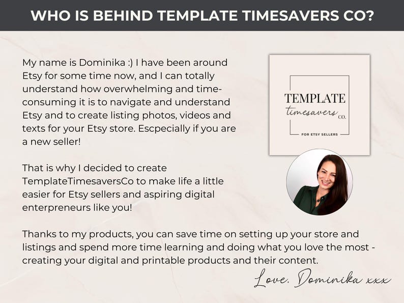 Introduction to Dominika, creator of TemplateTimesaversCo, sharing her Etsy experience. Her mission is to help Etsy sellers with branding and marketing through practical, time-saving products, especially for new sellers and digital creators.