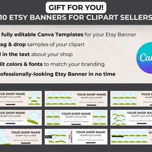 Gift for clipart sellers: 10 editable Etsy shop banner templates in Canva, fully customizable with your clipart, text, and branding.