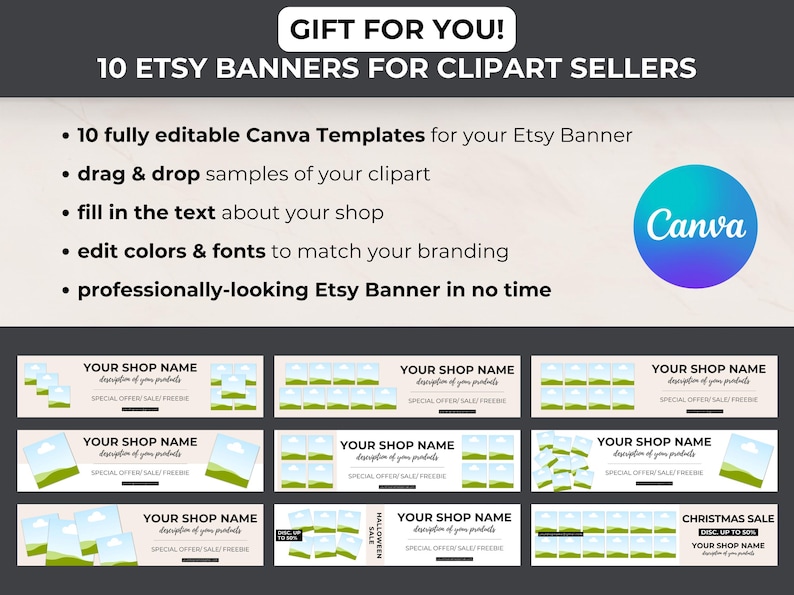 Gift for clipart sellers: 10 editable Etsy shop banner templates in Canva, fully customizable with your clipart, text, and branding.