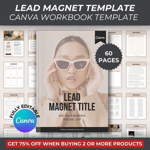 Könnte beinhalten: Eine Canva-Workbook-Vorlage zum Erstellen eines Lead-Magneten. Das Cover zeigt eine Frau mit Sonnenbrille und dem Text "LEAD MAGNET TITLE" mit einem Platz zum Hinzufügen Ihres Unternehmens-Slogans oder USP. Die Vorlage umfasst 60 Seiten und ist vollständig in Canva bearbeitbar.