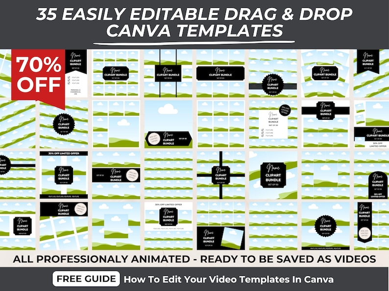 Editable drag-and-drop Canva templates for Etsy clipart listings, featuring a 70% off promotion, optimized for Etsy sellers.