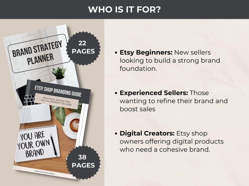 Target audience for the Etsy Shop Branding Guide and Brand Strategy Planner. Designed for Etsy beginners, experienced sellers, and digital creators looking to build a strong, cohesive brand that drives sales.