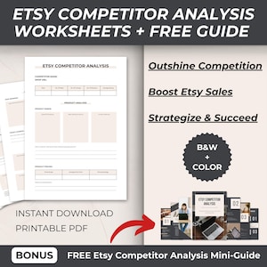 Könnte beinhalten: Druckbare Etsy-Wettbewerbsanalyse-Arbeitsblätter in Schwarzweiß und Farbe. Die Arbeitsblätter enthalten Abschnitte für den Wettbewerbernamen, die Shop-URL, die Produktanalyse, die Preisgestaltung und die Marketingstrategie. Ein kostenloser Mini-Guide zur Etsy-Wettbewerbsanalyse ist ebenfalls enthalten.