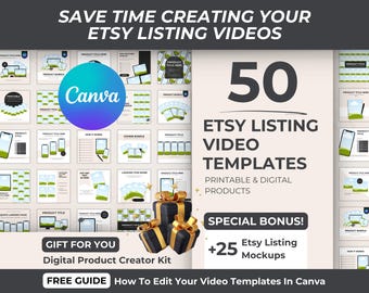 50 Etsy Listing Video Templates, 25 Bonus Etsy Listing Mockups, Canva Animation, Animated Canva Template, Editable Mockup For Etsy Sellers