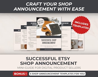 May include: A guide for Etsy sellers on how to write a successful shop announcement. The guide includes templates and key components for writing a shop announcement. The cover features a laptop, glasses, notebooks, and a pen.