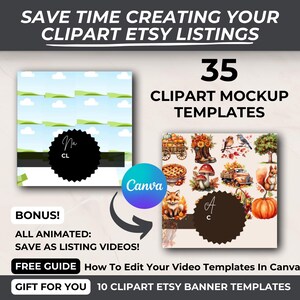 Preview of 35 Canva clipart mockup templates for Etsy listings, with a bonus guide on how to edit videos in Canva, ideal for Etsy sellers.