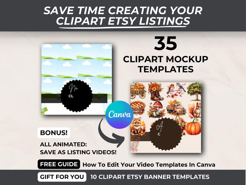 Preview of 35 Canva clipart mockup templates for Etsy listings, with a bonus guide on how to edit videos in Canva, ideal for Etsy sellers.