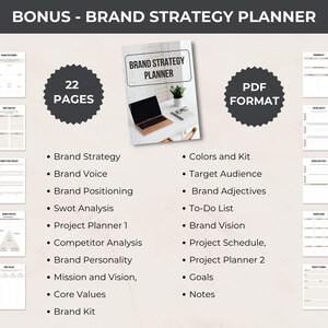 Overview of the 22-page Brand Strategy Planner PDF. Features include brand strategy, voice, SWOT analysis, competitor analysis, mission and vision, core values, target audience, brand adjectives, and more to refine your Etsy shop branding.
