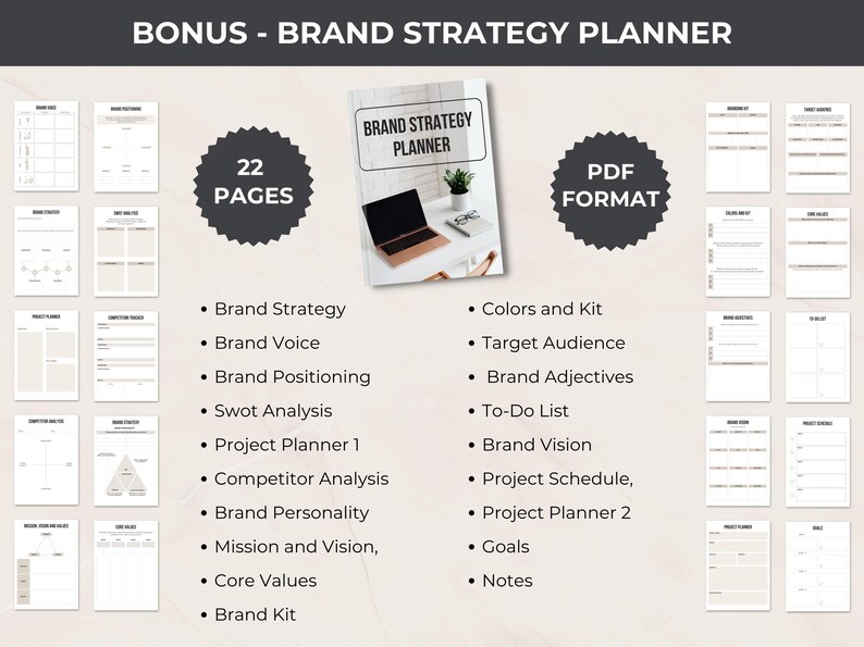 Overview of the 22-page Brand Strategy Planner PDF. Features include brand strategy, voice, SWOT analysis, competitor analysis, mission and vision, core values, target audience, brand adjectives, and more to refine your Etsy shop branding.