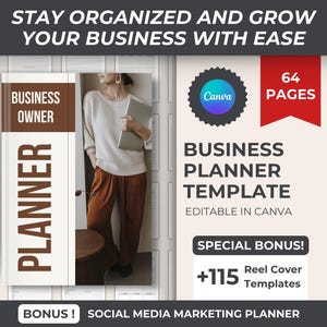 Puede incluir: Una plantilla de planificador digital para empresarios, con una mujer sosteniendo una computadora portátil. La plantilla es editable en Canva e incluye 64 páginas. También se incluye un planificador de marketing en redes sociales de bonificación, con 115 plantillas de portada de carrete.