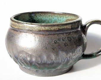 Cappuccino cup, Coffee Cup, Tea Cup, Handmade Stoneware, Dark brown clay, wheel thrown Mug glazed in dark mettalic and turquoise