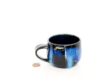 Galaxy cappuccino coffee mug in Midnight blue, stary sky, northern lights, ceramic wheel thrown glossy glaze coffee cup