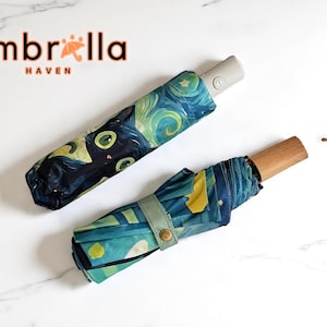 Ombrello con simpatico gatto nero / Stampa ispirata a Van Gogh / Design pieghevole da viaggio / Paralume compatto a 8 stecche / Copertura parasole con apertura e chiusura automatica