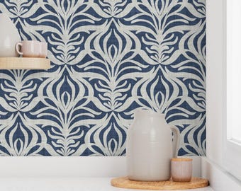 Indigo Navy Damask Wallpaper | Art Nouveau Boho Botanical Wallpaper- Renter Friendly, Japandi Floral Linen Textured Removable Wallpaper