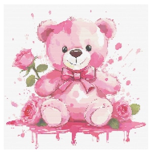 Cross Stitch Pattern Wall Art Pink Teddy Bear Flowers AI Poster - Digital Home Decor Office - Artificial Intelligence