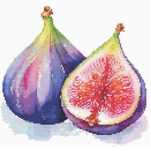 Può includere: Due fichi maturi, uno intero e uno tagliato a metà, con un esterno viola e verde e un interno rosa. I fichi sono dipinti in stile acquerello.