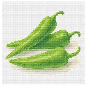 May include: Cross-stitch pattern featuring three green chili peppers. The peppers are rendered in shades of green, with a detailed texture. The design is set against a white background. The text at the bottom reads: Design size: 130 x 130 stitches.