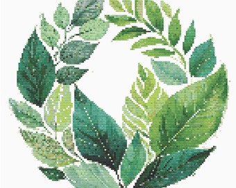 Cross Stitch Pattern Wall Art Green Leaves Etamine AI Poster - Digital Home Decor Office - Artificial Intelligence