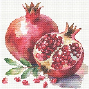 Op de afbeelding: Twee rode granaatappels, één heel en één opengeknipt, met zichtbare pitten. De granaatappels liggen op een witte achtergrond met groene bladeren en wat rode pitten die verspreid liggen.