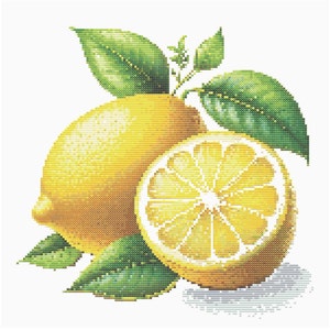 May include: Cross-stitch design of two lemons, one whole and one sliced in half, with green leaves. The lemons are yellow with textured details, and the leaves are green. The design is on a white background.