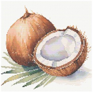May include: A close-up of two coconuts, one whole and one cut open, with the white flesh visible. The coconuts are on a bed of green palm leaves.