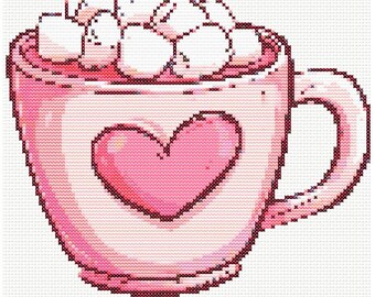 May include: A cross-stitch design of a pink mug filled with marshmallows. The mug has a large pink heart on the front. The design size is 112 x 100 stitches.
