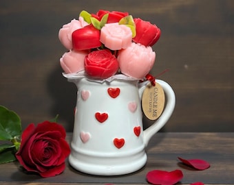 Valentine Rose Wax Melt Bouquet in Heart Pitcher | Romantic Home Fragrance Gift, natural soy wax, gift ideas.