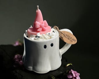 Candela da tazza a forma di fantasma di Halloween: cera di soia alla vaniglia e cannella - Homedecor