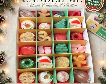 以下が含まれることがあります： Candle Me Advent Calendar Collectionの箱には、ジンジャーブレッドマン、リース、ドーナツ、ギフトなどの形をした24個のワックスメルトが入っています。この箱には12種類の香り、オーガニックソイワックス、クリスマスまでのカウントダウンテーマが含まれています。