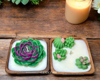 Candela di cera di soia fatta a mano con fiori di cactus: ciotola di legno, profumo floreale