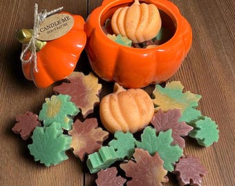 Cera di soia da sciogliere Fall Leaves: barattolo di zucca, profumo di vaniglia zuccherata.