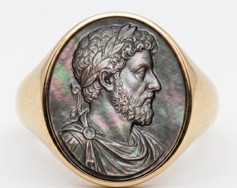 Marcus Aurelius cameo zegelring, diepdruk Romeinse keizer, grijs parelmoer, verstelbare ridderring heren, stoïcijnse sieraden