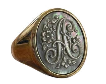 Initial A Signetring, Grå Pärlemorkameo, Sterlingsilver/Brons, Italien