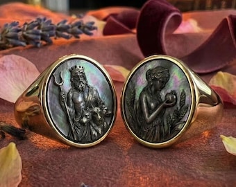 Hades & Persephone zegelringset • Parelmoer diepdruk, verstelbare band, set Eternal Lovers
