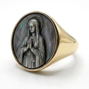 聖母マリア印章リング - グレータヒチマザーオブパールカメオ - 925スターリングシルバーまたはブロンズ製 - 調整可能カトリック宗教ギフト