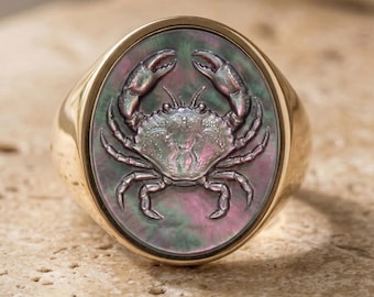 Handgefertigter Siegelring – Krebs – Siegelring aus grauem Tahiti Perlmutt – Sterlingsilber oder Bronze verstellbar – Sternzeichen Kamee – Made in Italy
