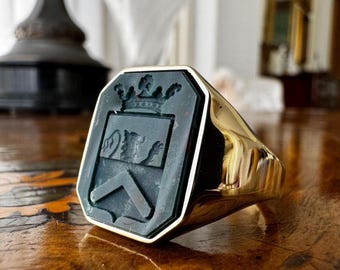 Anel de sinete octogonal personalizado com entalhe personalizado, anel de brasão de família com pedra preciosa, brasão de armas personalizado, anel de sinete de cavaleiro esculpido heráldico