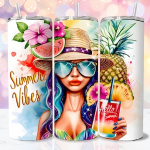 Summer Vibes : 20 oz Tumbler Wrap PNG, Skinny Straight Tumbler 20oz Design, Tumbler Seamless Sublimation Designs Downloads