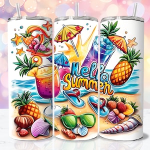 Hello Summer : 20 oz Tumbler Wrap PNG, Skinny Straight Tumbler 20oz Design, Tumbler Seamless Sublimation Designs Downloads