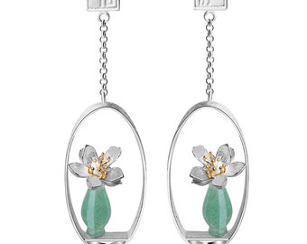 Vase earrings with Aventurine stone in silver and 18k gold for women