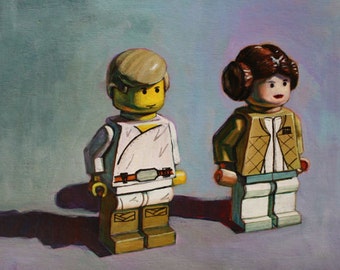 Star Wars Print of Original Painting - Luke and Leia toy figures